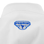 White martial arts top back with blue Punok logo embroidery