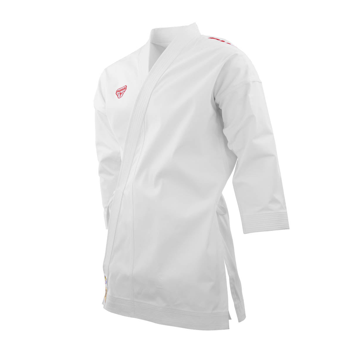 White martial arts top with small red logo patch