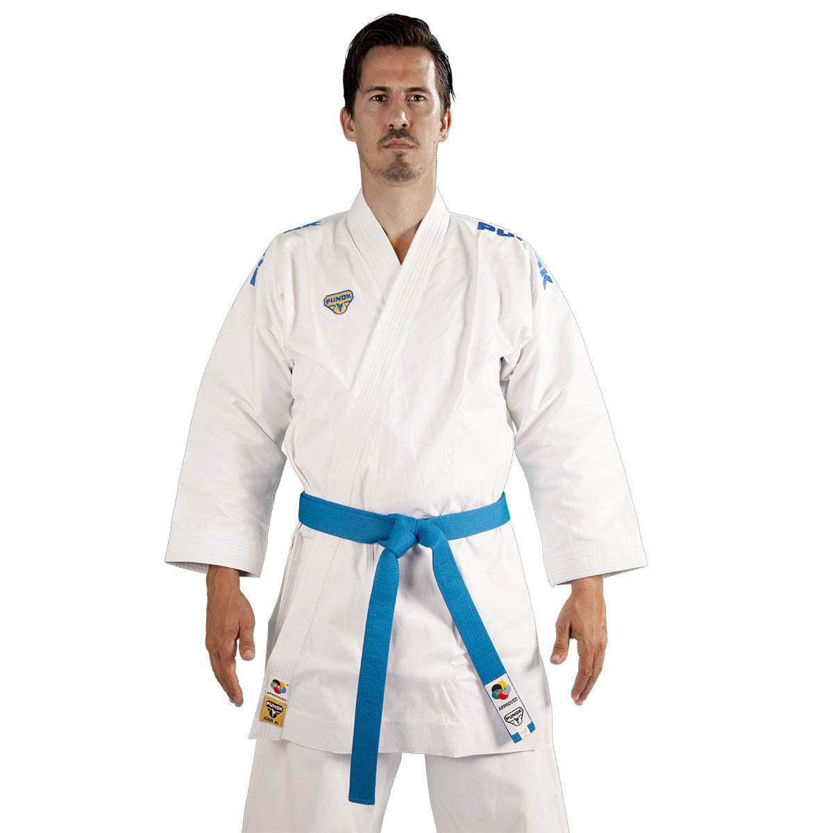 White karate gi with blue belt, long sleeves