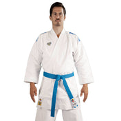 White karate gi with blue belt, long sleeves