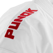 White martial arts top sleeve with red printed logo