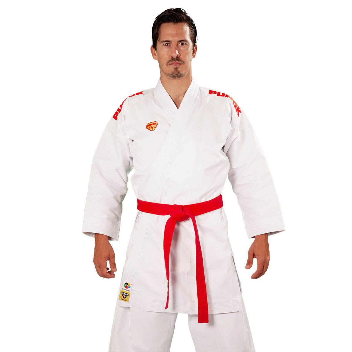 White karate gi with red belt, long sleeves