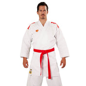 White karate gi with red belt, long sleeves