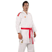 White karate gi with red belt and matching pants