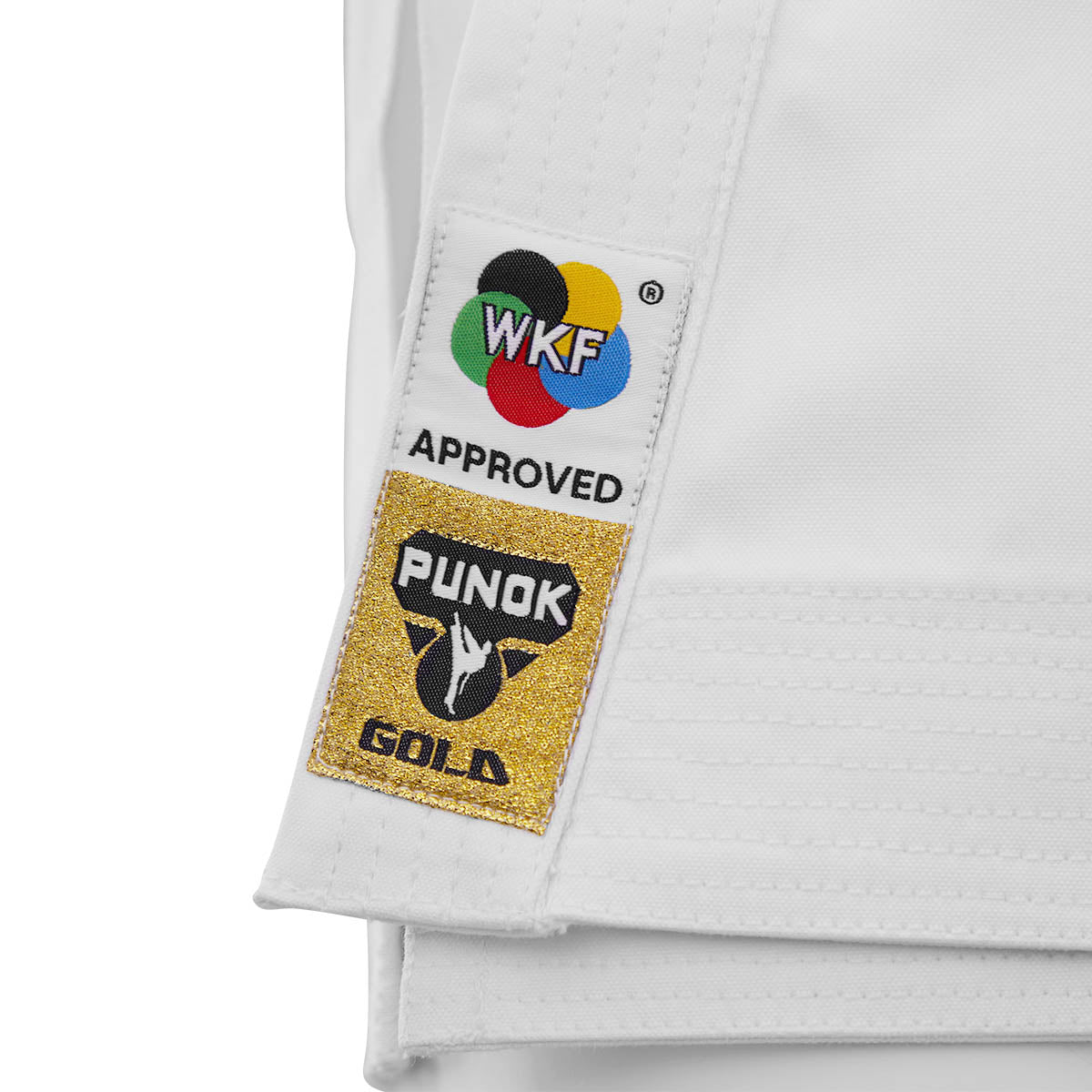 White gi cuff with gold WKF Approved Punok patch