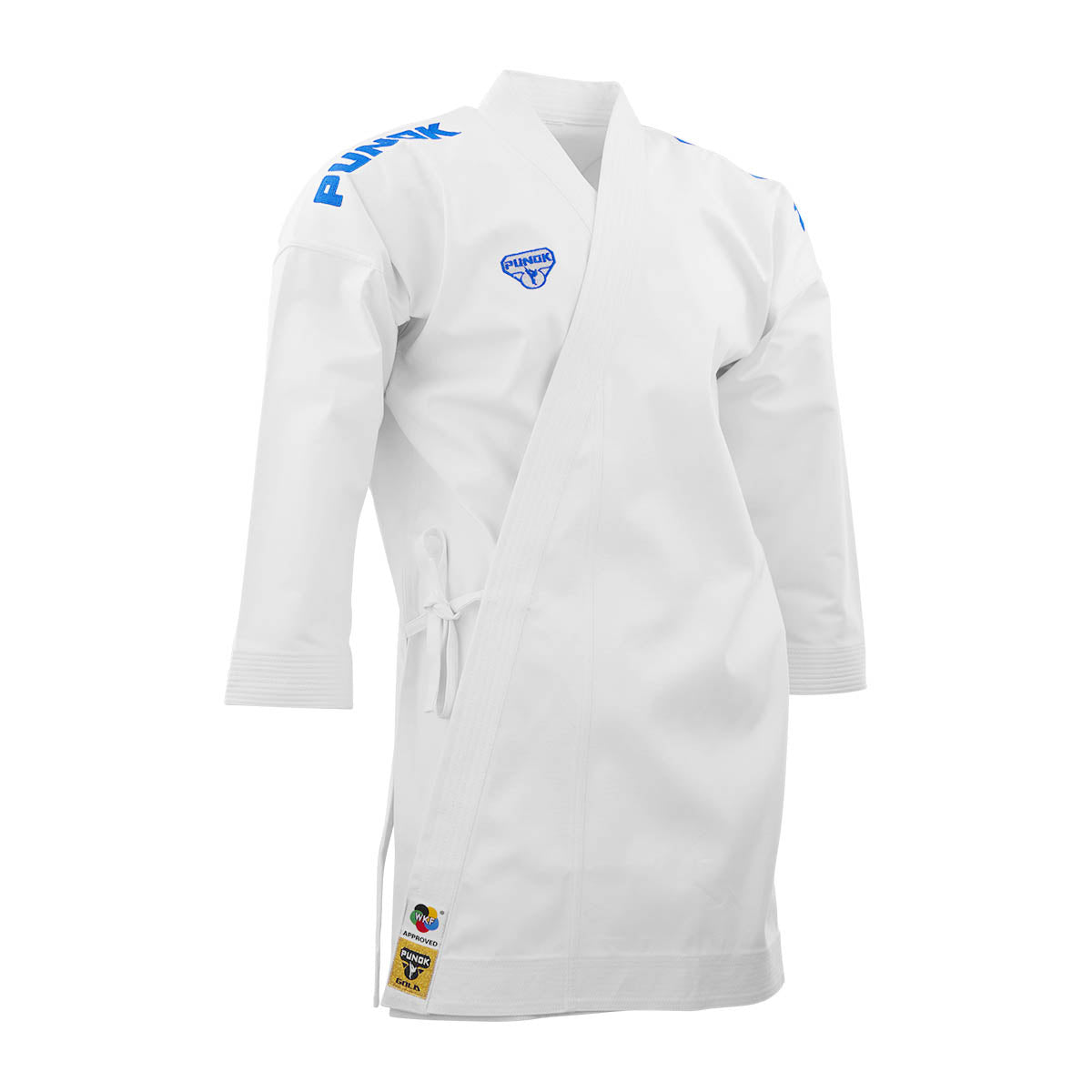 White karate gi jacket with blue logo patches