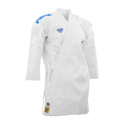 White karate gi jacket with blue logo patches