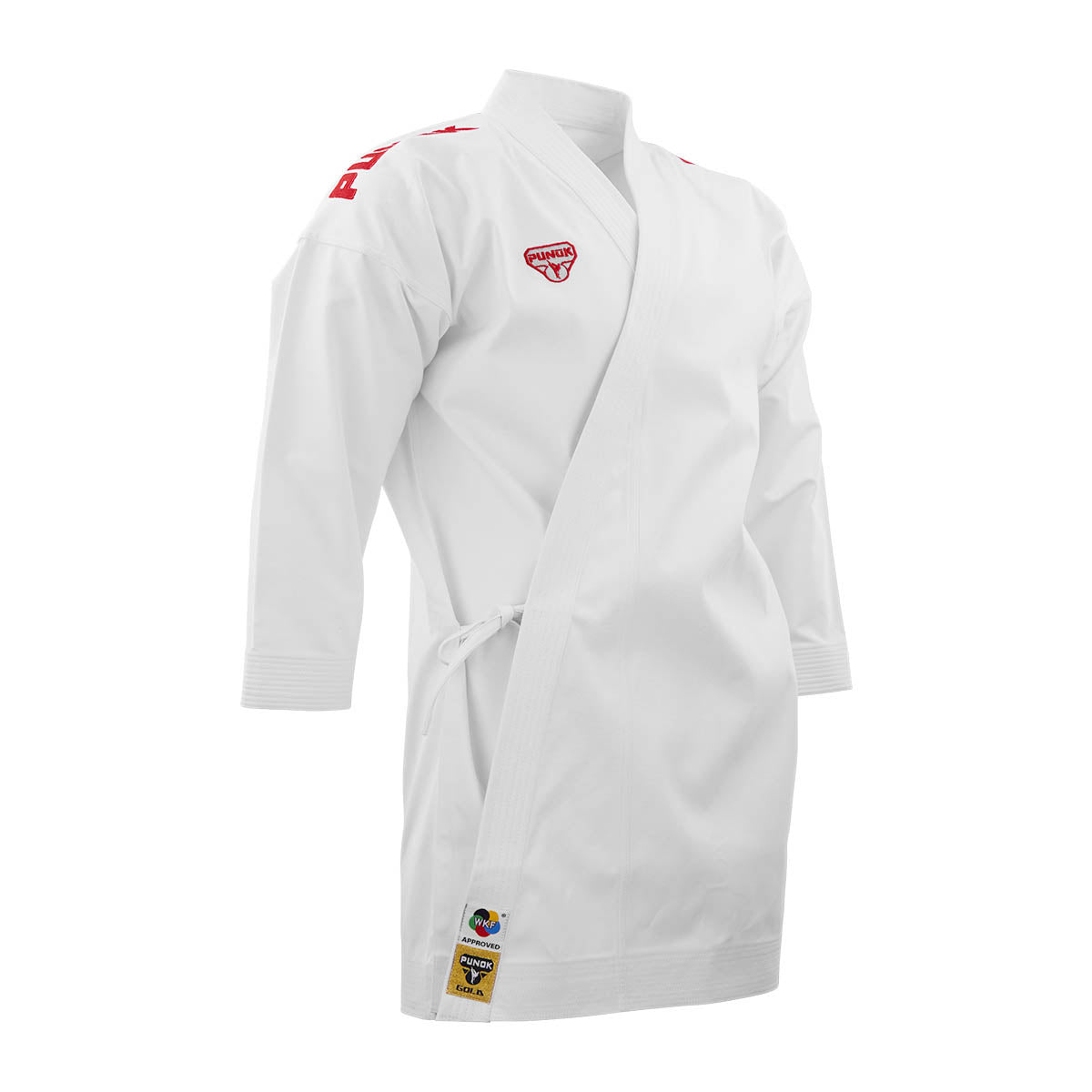 White karate gi jacket with red logo emblem