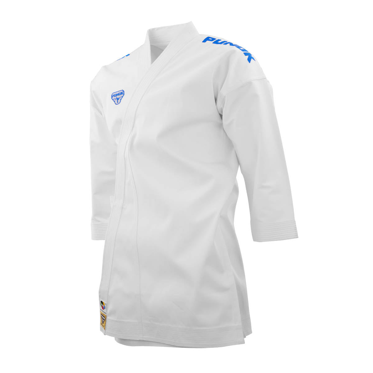 White karate gi jacket with blue 'Punok' sleeve print