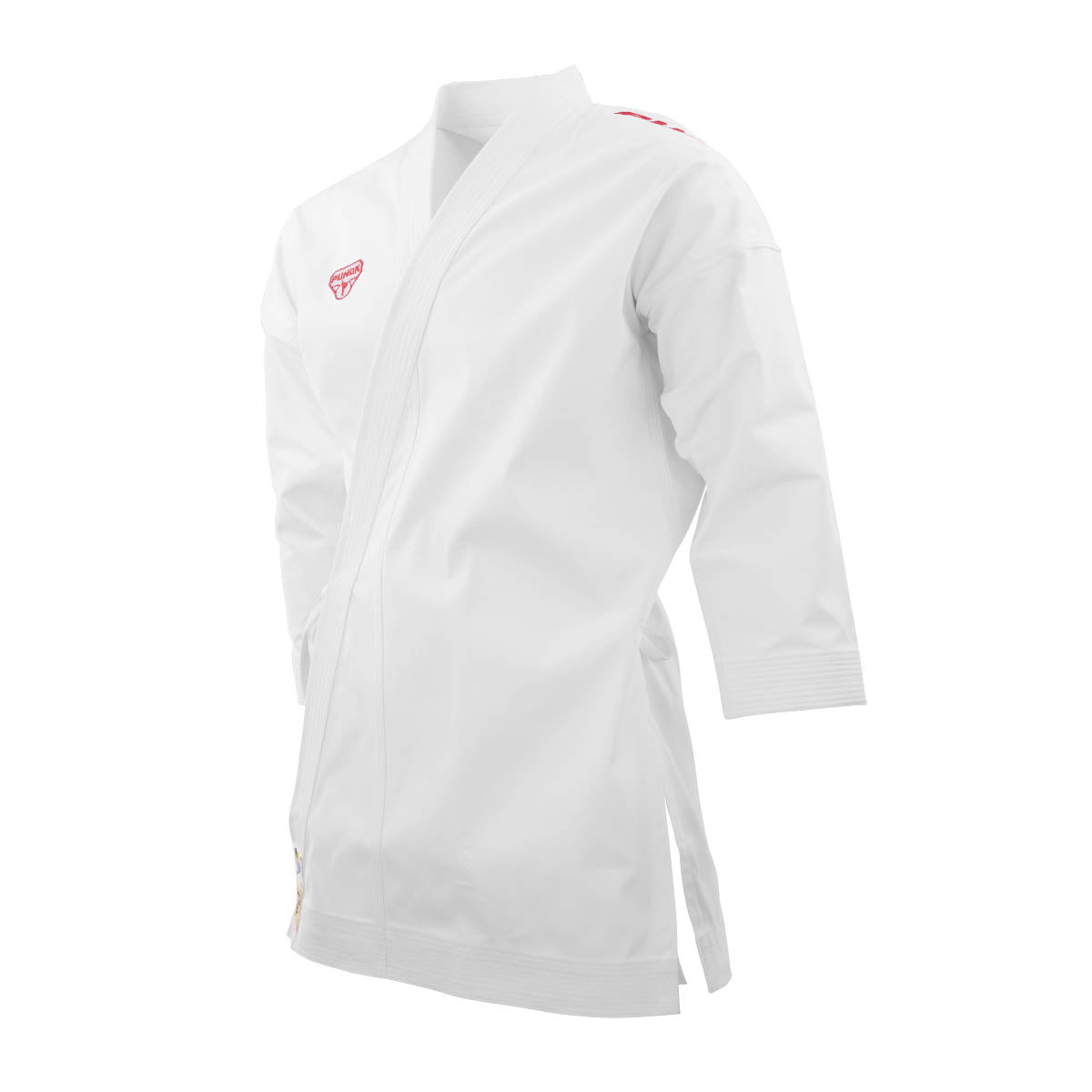 White karate gi jacket with small red logo patch