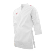 White karate gi jacket with small red logo patch