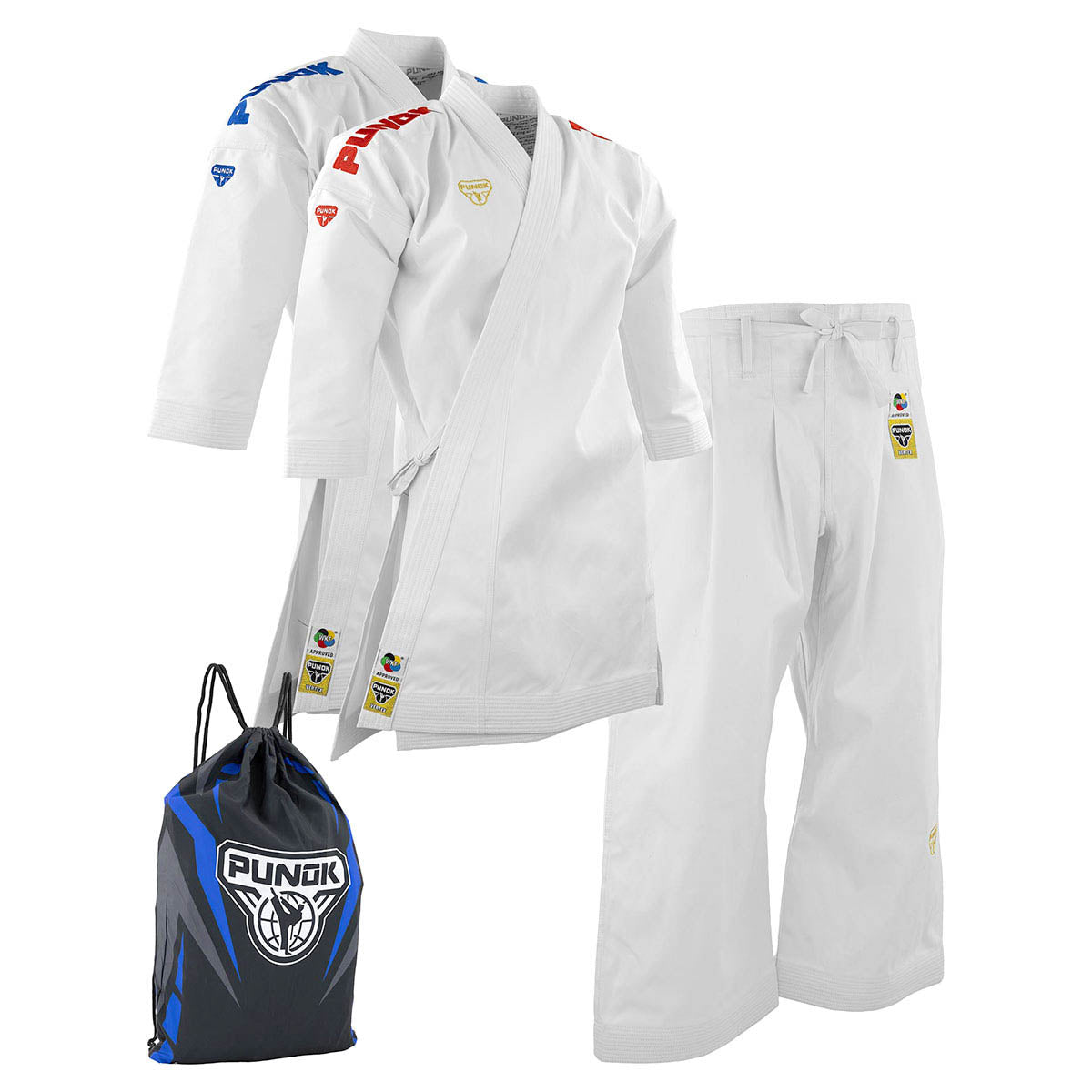 Punok Vertex kata gi set with white jacket, pants, and blue drawstring bag