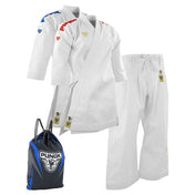 White martial arts gi jacket and pants set plus blue drawstring bag