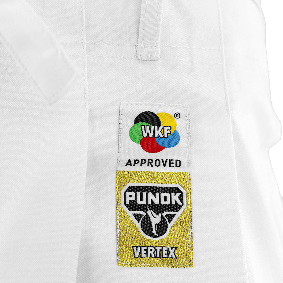 White gi jacket with WKF Approved and Punok Vertex patches
