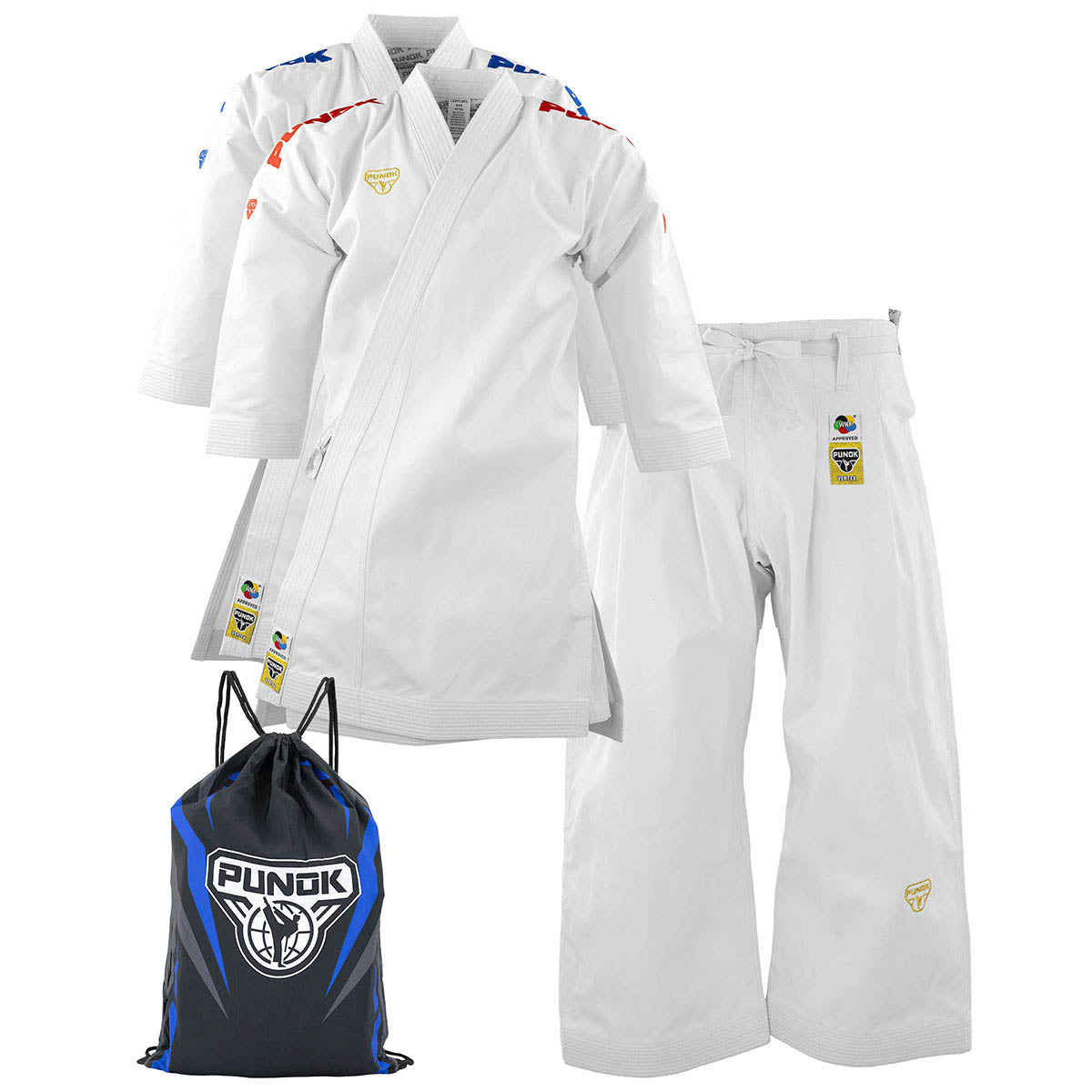 White kata gi set with pants, gi jacket, and Punok drawstring bag