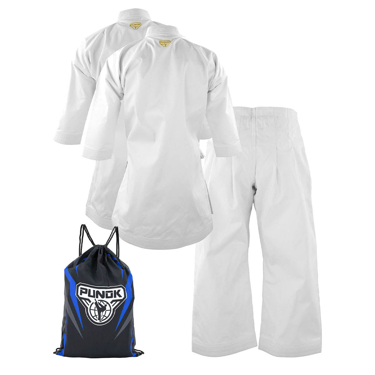 White kata gi set showing back view with Punok drawstring bag