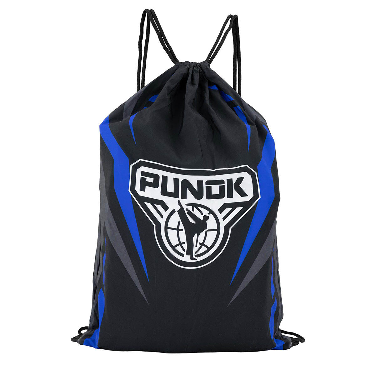 Black and blue Punok drawstring bag with globe emblem front