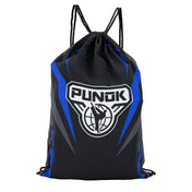 Black and blue Punok drawstring bag with globe emblem front