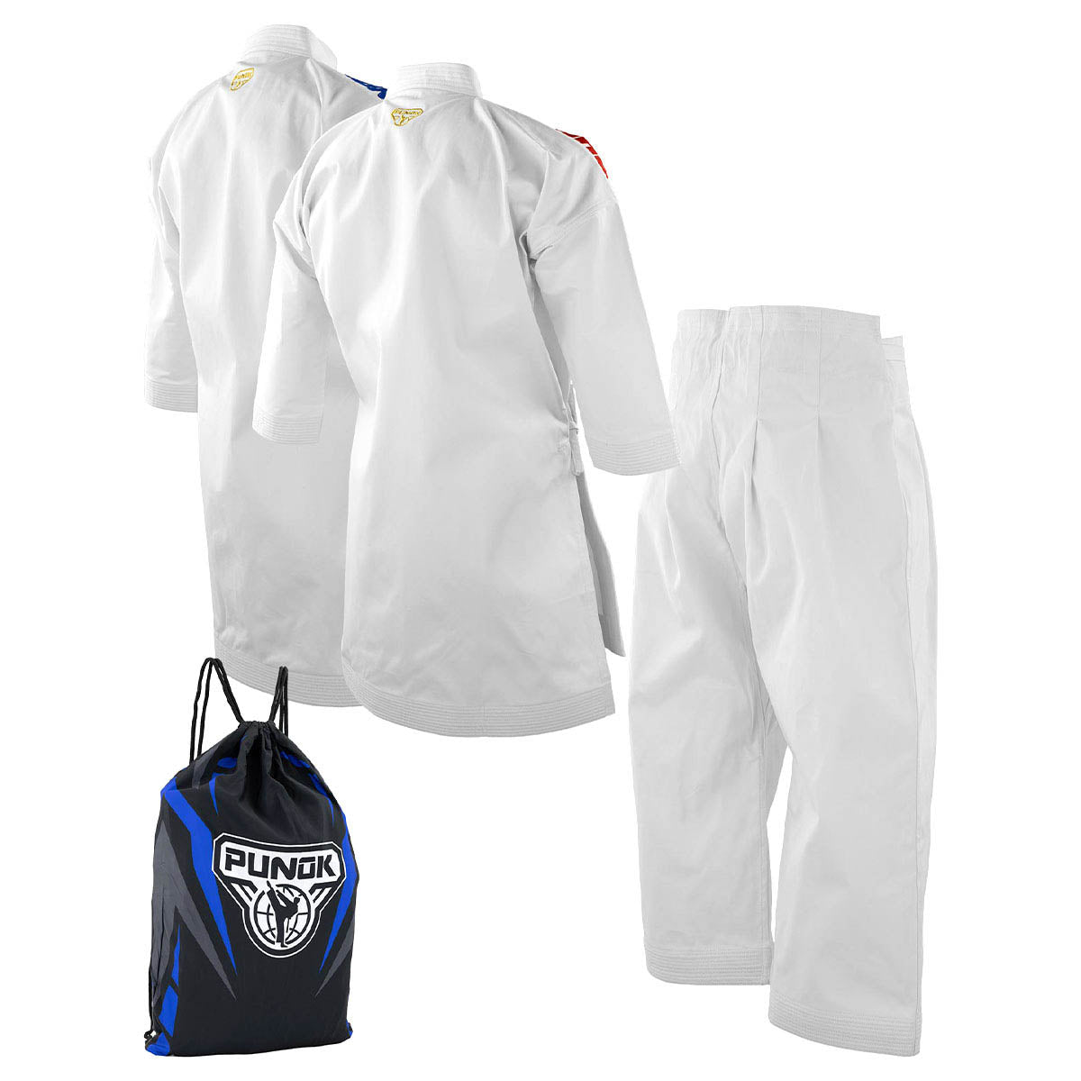 Punok Vertex kata gi set: white jacket and pants with blue drawstring bag