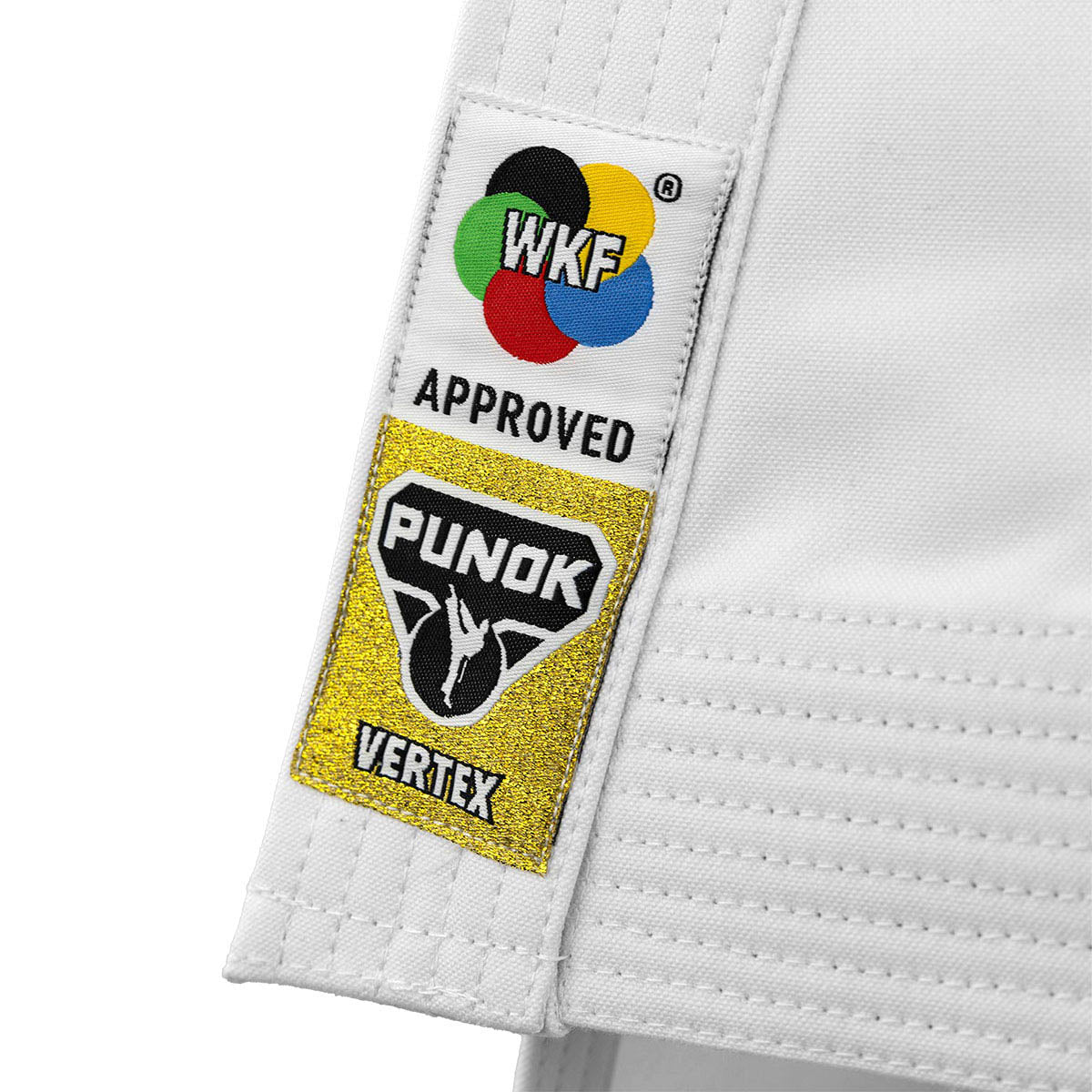 Knot patch on white gi belt: WKB Approved Punok Vertex