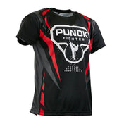 Black Punok Fighter training tee with large chest logo and red angular stripes