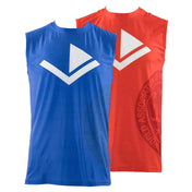 Sleeveless tee set: red and blue athletic tanks with white emblem logo print