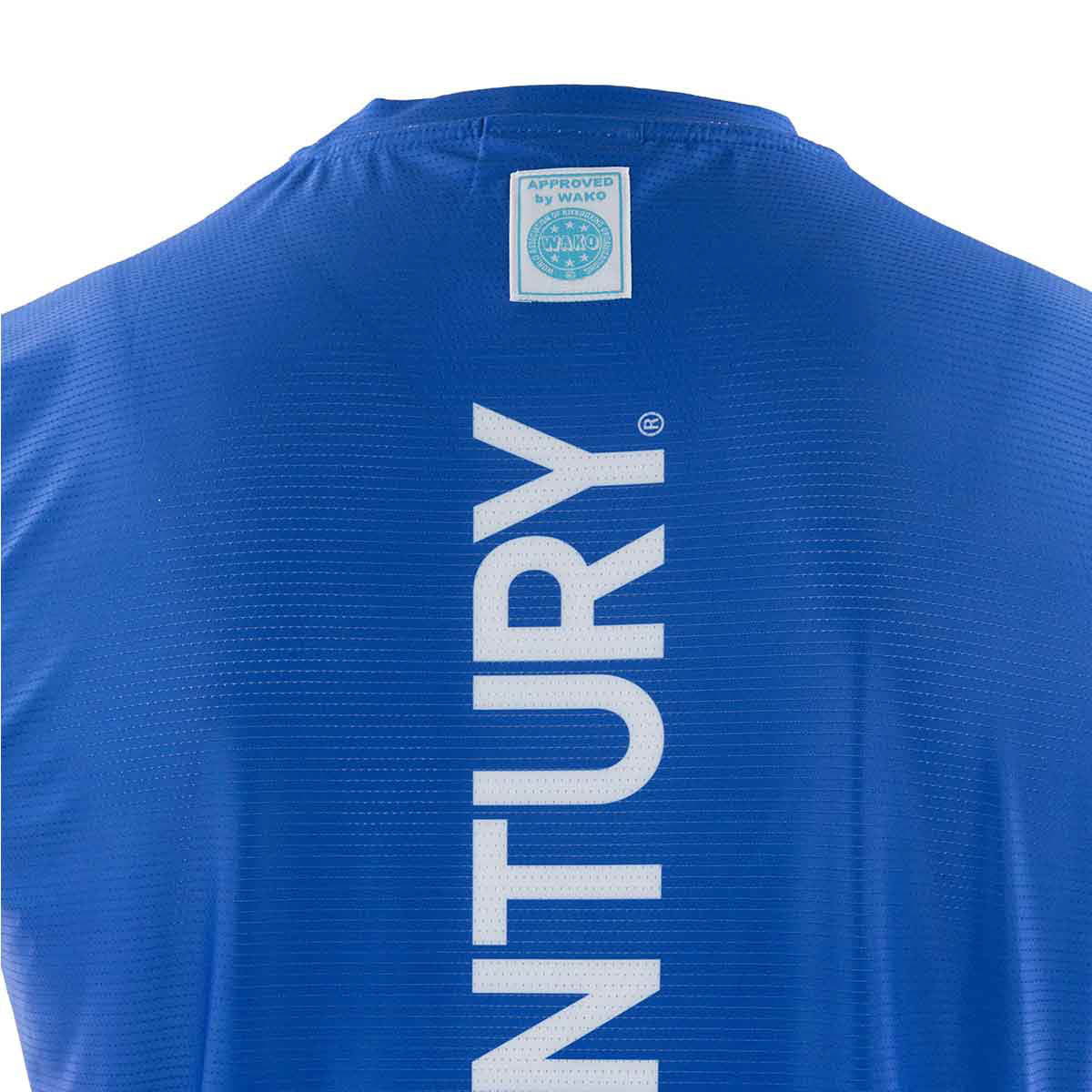 Blue sleeveless tee back close-up with vertical white logo print