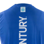 Blue sleeveless tee back close-up with vertical white logo print