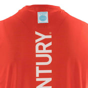 Red sleeveless tee with white vertical logo on back and small neck tag.