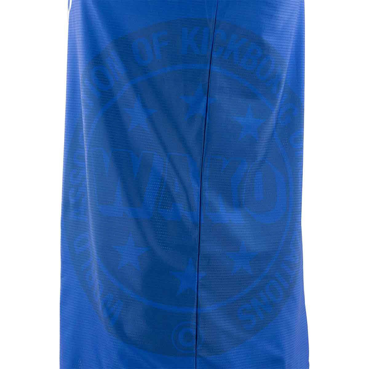 Blue sleeveless tee with center back seam and faint large printed graphics.