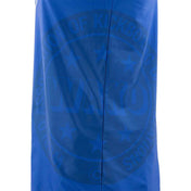 Blue sleeveless tee with center back seam and faint large printed graphics.