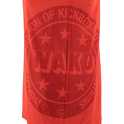 Red sleeveless tee back with circular emblem and star pattern in white.
