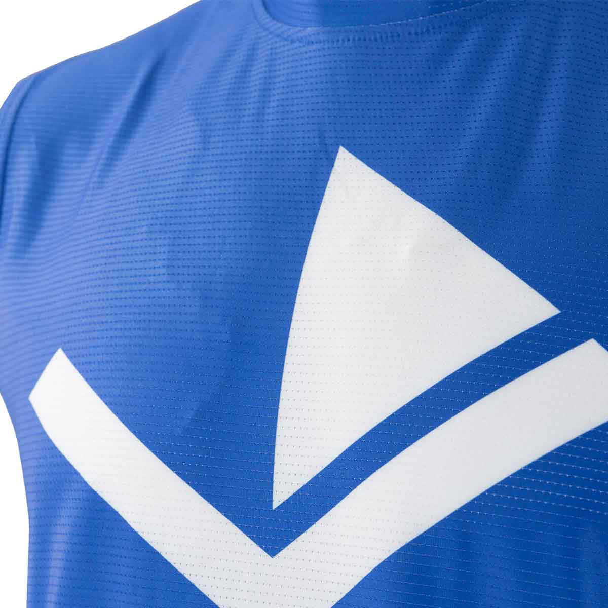 Blue sleeveless tee close-up with large white V chevron logo across chest.
