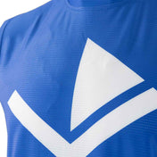 Blue sleeveless tee close-up with large white V chevron logo across chest.