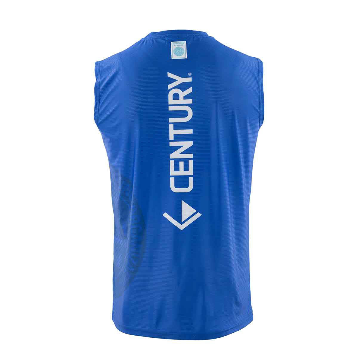 Blue sleeveless tee back with vertical CENTURY lettering and V icon.
