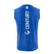 Blue sleeveless tee back with vertical CENTURY lettering and V icon.
