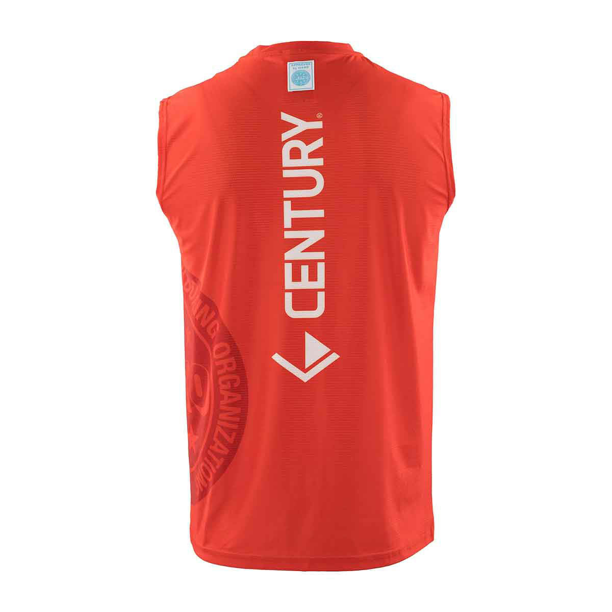 Red sleeveless tee back with vertical CENTURY lettering and V icon.