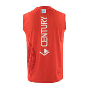 Red sleeveless tee back with vertical CENTURY lettering and V icon.