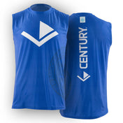 Blue sleeveless tees showing front V logo and back CENTURY vertical print.