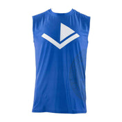 Blue sleeveless tee with large white emblem logo on the front