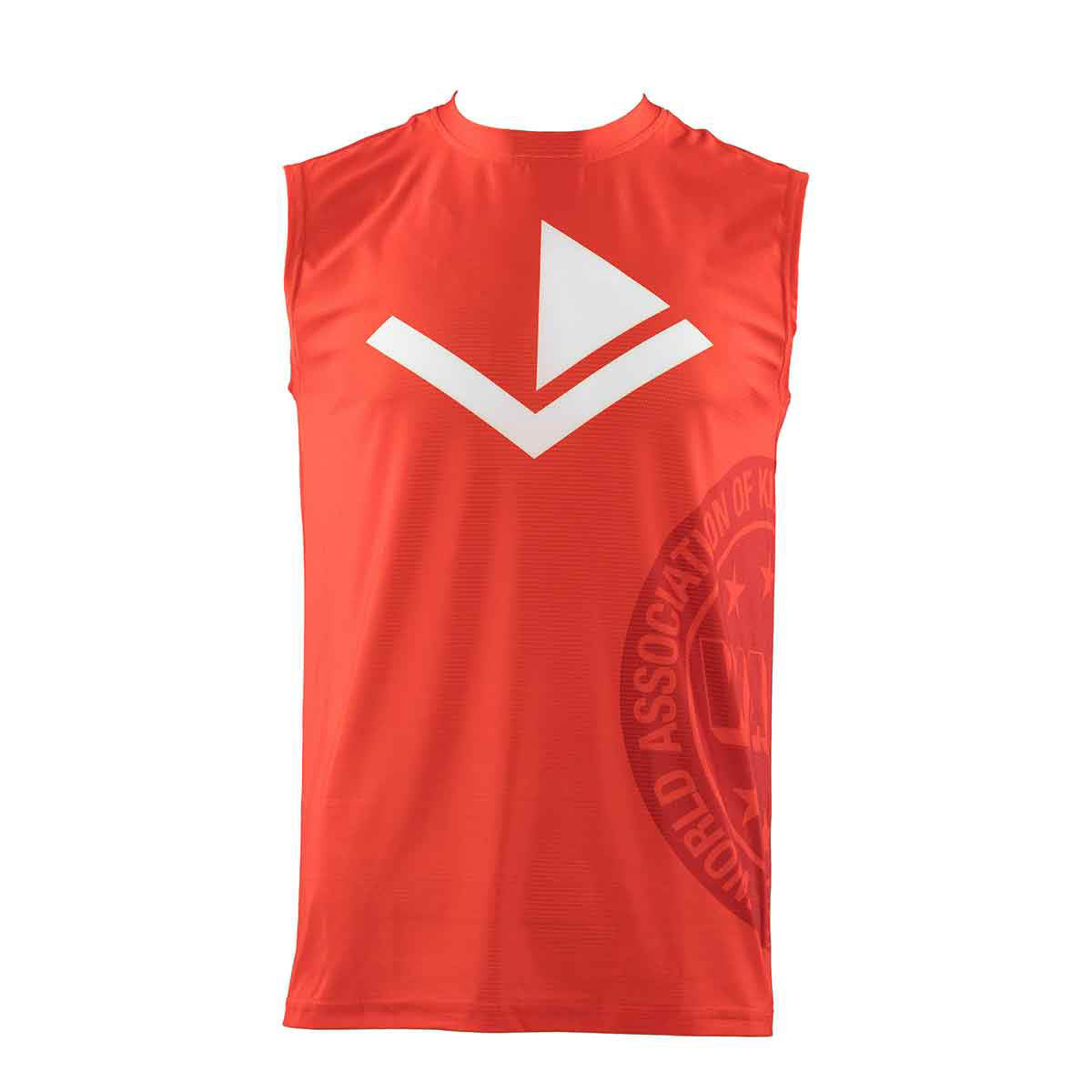 Red sleeveless tee with large white emblem logo on the front