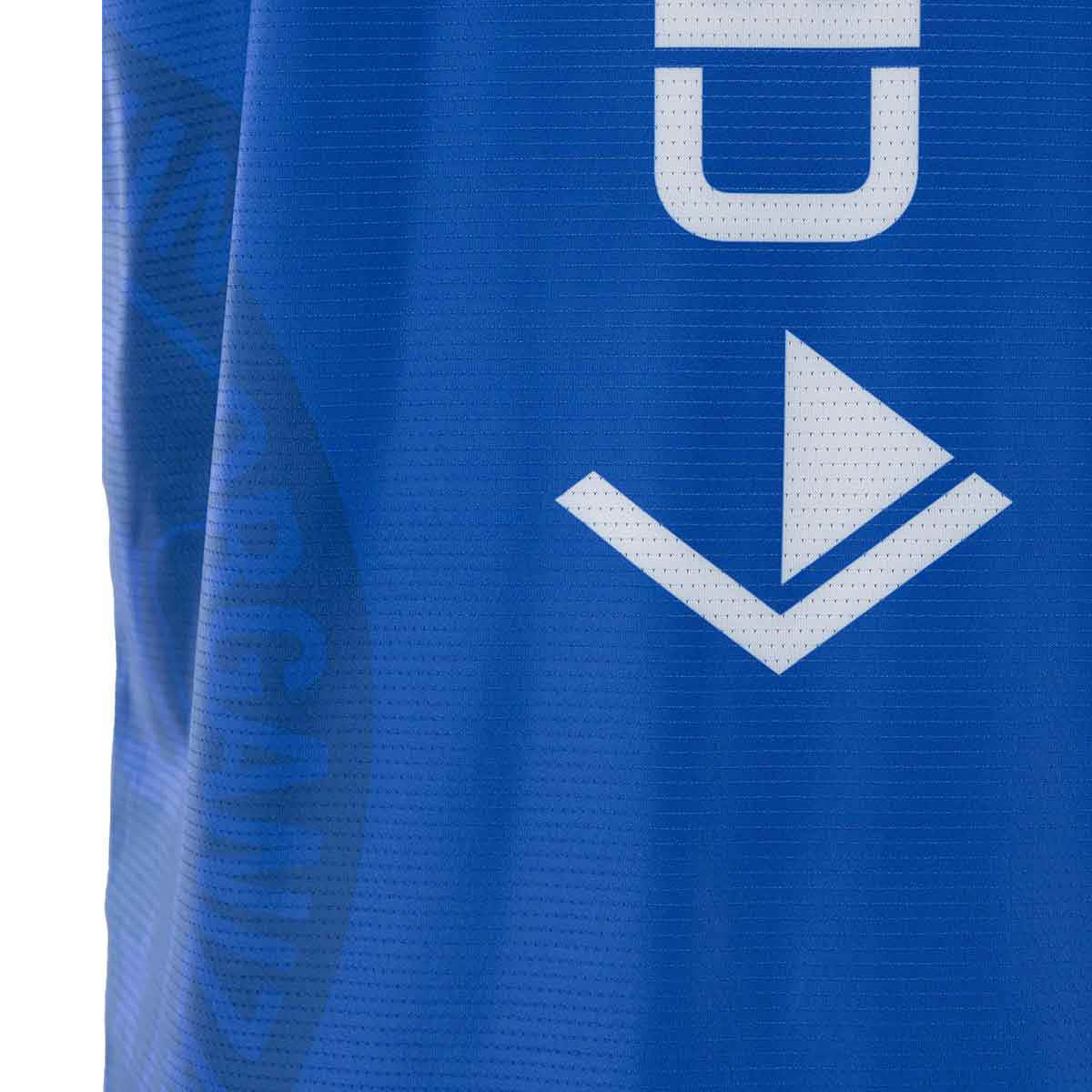 Blue sleeveless tee fabric with white emblem logo detail