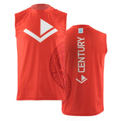 Red sleeveless tee front and back shown, with white chevron logo and CENTURY lettering