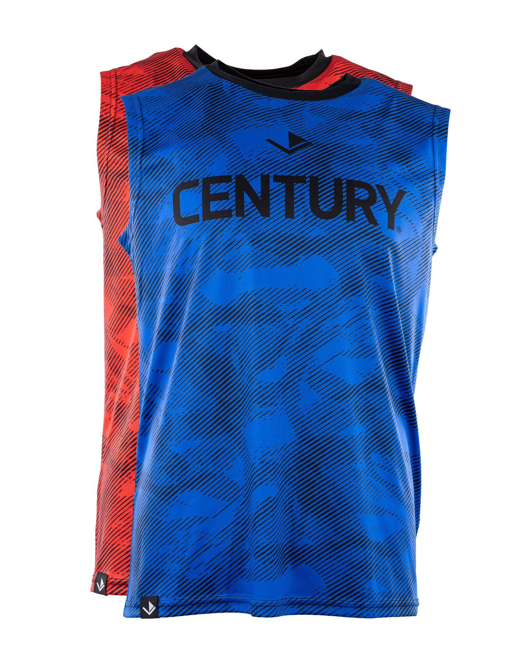 Men's sleeveless tee with blue front and red sides, CENTURY graphic