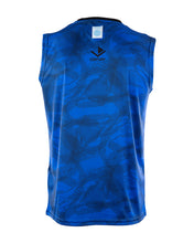 Men's blue sleeveless tee, back view, small tag and CENTURY print