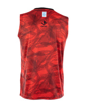 Men's red sleeveless tee, back view, small tag and CENTURY graphic