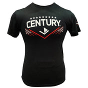 Black unisex crew-neck t-shirt with large front 'CENTURY' logo and red stripes