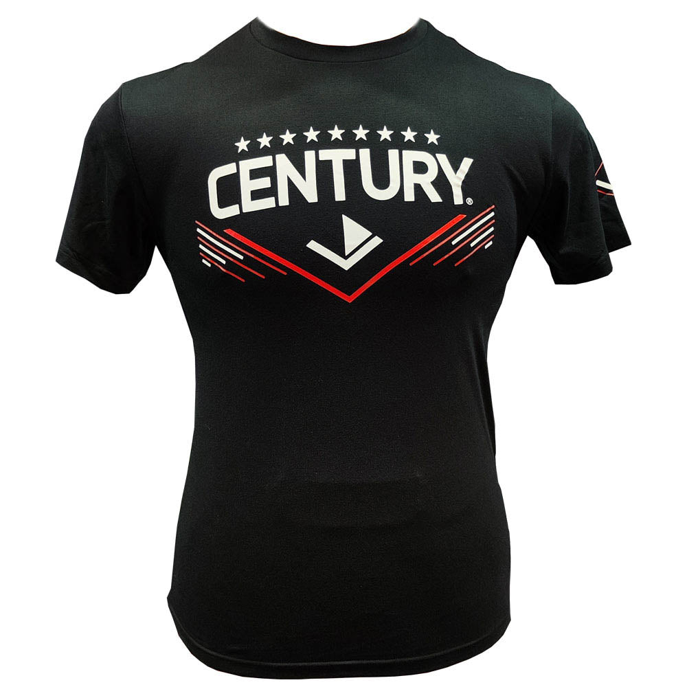 Black unisex t-shirt with CENTURY front logo and chevron graphic