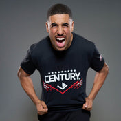 Black unisex t-shirt with large 'CENTURY' logo and red stripe artwork on front
