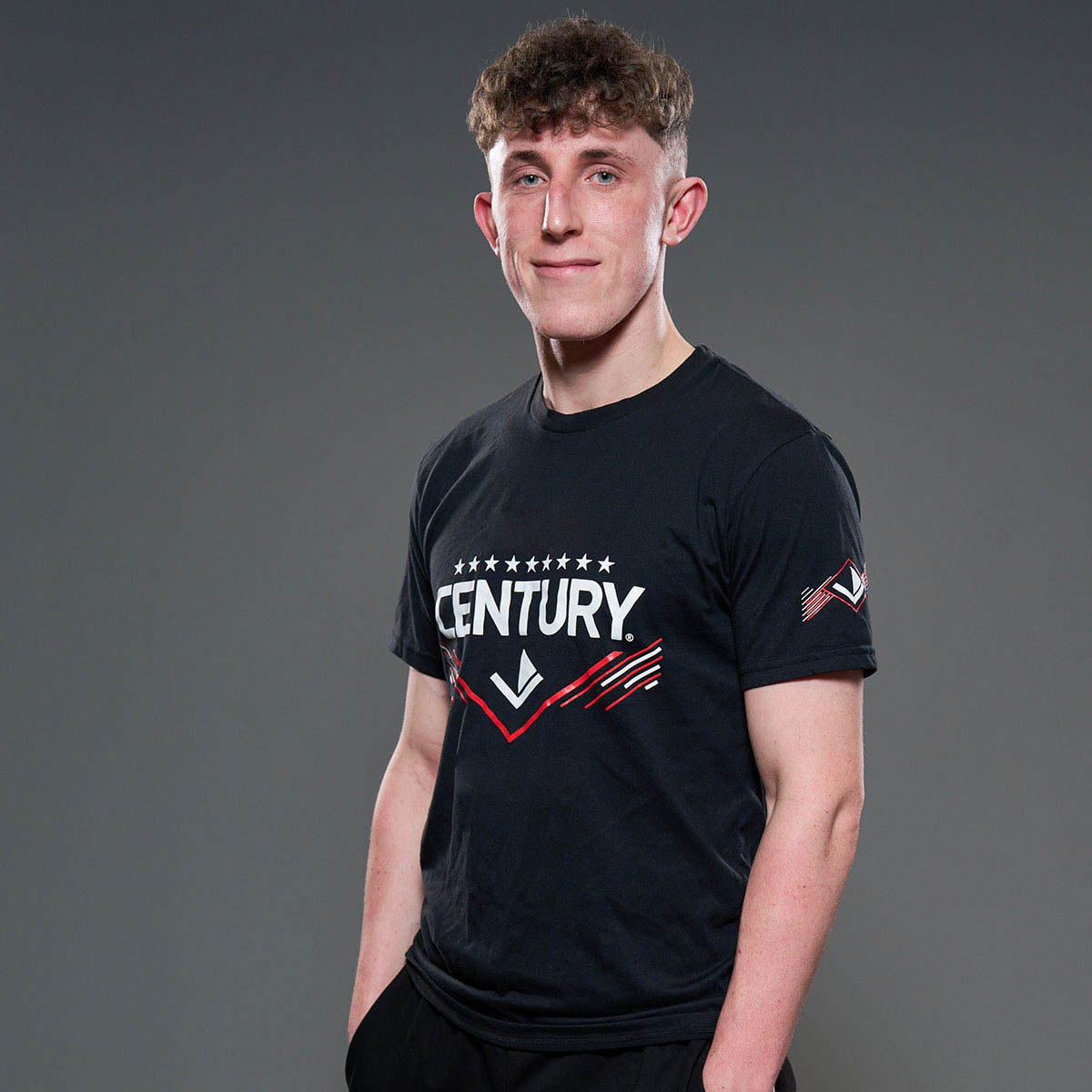 Black unisex t-shirt with 'CENTURY' logo on chest and small sleeve mark